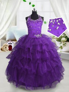 Simple Ruffled Scoop Sleeveless Lace Up Little Girls Pageant Dress Purple Organza