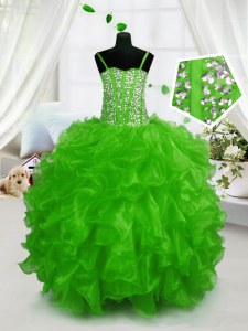High Quality Sleeveless Organza Floor Length Lace Up Girls Pageant Dresses in Green with Beading and Ruffles