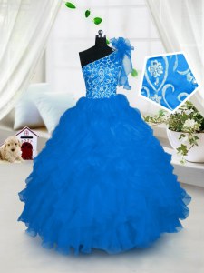 Beauteous One Shoulder Sleeveless Girls Pageant Dresses Floor Length Embroidery and Ruffles Aqua Blue Organza