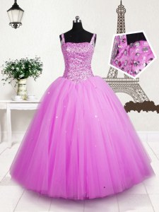 Dazzling Tulle Straps Sleeveless Lace Up Beading and Sequins Little Girls Pageant Dress in Rose Pink