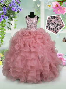 Scoop Sleeveless Floor Length Ruffles and Sequins Zipper Kids Pageant Dress with Pink
