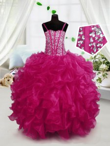 Hot Pink Ball Gowns Beading and Ruffles Little Girls Pageant Dress Wholesale Lace Up Organza Sleeveless Floor Length