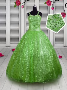 Apple Green Sleeveless Floor Length Beading and Sequins Lace Up Little Girls Pageant Gowns