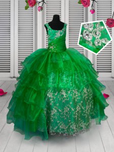 Ruffled Floor Length Green Little Girl Pageant Gowns Straps Sleeveless Lace Up
