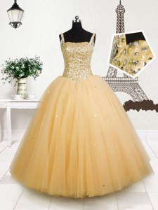 Straps Sleeveless High School Pageant Dress Floor Length Beading and Sequins Orange Tulle