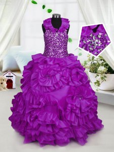 Halter Top Purple Taffeta Zipper Pageant Dress for Teens Sleeveless Floor Length Beading