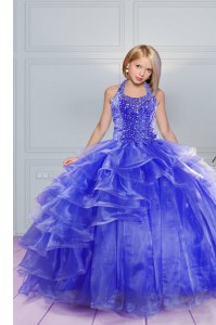 Halter Top Sleeveless Lace Up Floor Length Beading and Ruffles Girls Pageant Dresses