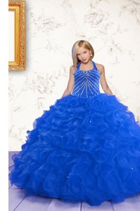 Glorious Royal Blue Lace Up Halter Top Beading and Ruffles Little Girls Pageant Dress Wholesale Organza Sleeveless