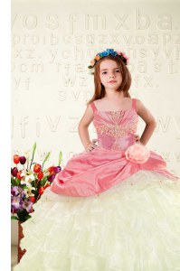 Excellent Pink Ball Gowns Beading and Ruffled Layers and Hand Made Flower Child Pageant Dress Lace Up Organza Sleeveless Floor Length