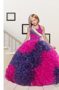 Superior Halter Top Sleeveless Floor Length Beading and Ruffles Lace Up Little Girls Pageant Dress Wholesale with Fuchsia