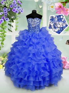 Stunning Royal Blue Organza Lace Up Pageant Dress Sleeveless Floor Length Ruffled Layers and Sequins