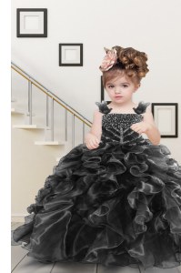Black Ball Gowns Straps Sleeveless Organza Floor Length Lace Up Beading and Ruffles Kids Formal Wear