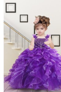 Purple Ball Gowns Beading and Ruffles Kids Formal Wear Lace Up Organza Sleeveless Floor Length