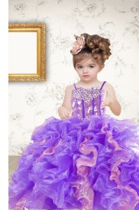 Excellent Spaghetti Straps Sleeveless Custom Made Pageant Dress Floor Length Beading and Ruffles and Sequins Multi-color Organza