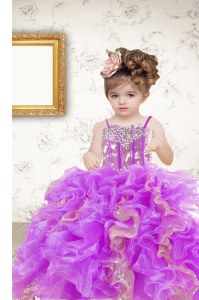 Fashion Organza Sleeveless Floor Length Little Girls Pageant Gowns and Beading and Ruffles and Sequins