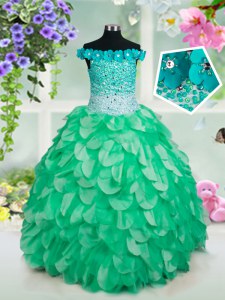 Off the Shoulder Green Organza Lace Up Girls Pageant Dresses Sleeveless Floor Length Beading and Hand Made Flower