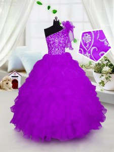 One Shoulder Fuchsia Ball Gowns Appliques and Ruffles Little Girl Pageant Dress Lace Up Organza Short Sleeves Floor Length