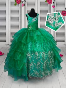 Straps Sleeveless Little Girl Pageant Gowns Floor Length Appliques and Ruffled Layers Green Organza