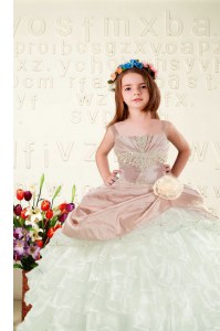 Admirable Peach Pageant Dress for Teens Military Ball and Sweet 16 and Quinceanera and For with Beading and Ruffled Layers and Hand Made Flower Straps Sleeveless Lace Up