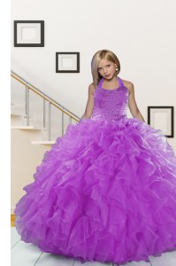 Purple Organza Lace Up Halter Top Sleeveless Floor Length Kids Formal Wear Beading and Ruffles