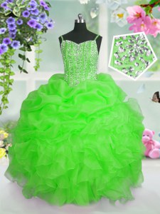Apple Green Lace Up Straps Beading and Ruffles and Pick Ups Kids Formal Wear Organza Sleeveless