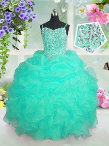 Turquoise Lace Up Spaghetti Straps Beading and Ruffles and Pick Ups Little Girl Pageant Dress Organza Sleeveless
