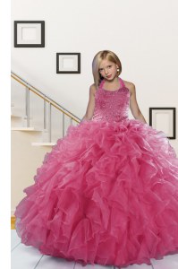 Best Halter Top Sleeveless Floor Length Beading and Ruffles Lace Up Little Girls Pageant Dress Wholesale with Pink