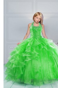 Hot Sale Green Organza Lace Up Halter Top Sleeveless Floor Length Pageant Gowns Beading and Ruffles
