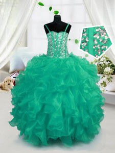 Floor Length Lace Up Little Girls Pageant Dress Wholesale Turquoise for Party and Wedding Party with Beading and Ruffles