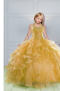 Floor Length Orange Pageant Gowns For Girls Halter Top Sleeveless Lace Up