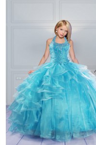 Aqua Blue Ball Gowns Organza Halter Top Sleeveless Beading and Ruffles Floor Length Lace Up Pageant Dress