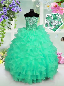 Customized Turquoise Ball Gowns Ruffled Layers and Sequins Child Pageant Dress Lace Up Organza Sleeveless Floor Length