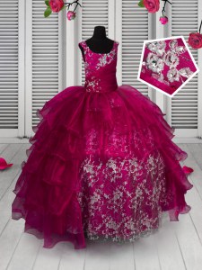 Straps Sleeveless Little Girl Pageant Gowns Floor Length Appliques and Ruffled Layers Fuchsia Organza