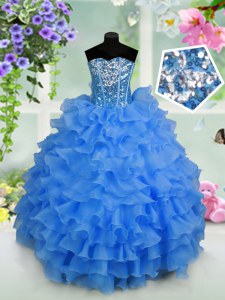 Light Blue Organza Lace Up Girls Pageant Dresses Sleeveless Floor Length Ruffled Layers and Sequins