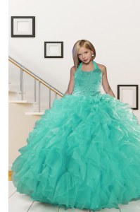 Fashion Turquoise Halter Top Neckline Beading and Ruffles Girls Pageant Dresses Sleeveless Lace Up