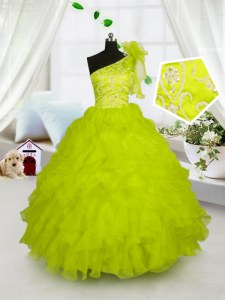 Trendy One Shoulder Floor Length Lace Up Pageant Gowns For Girls Yellow Green for Party and Wedding Party with Embroidery and Ruffles