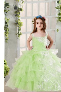Perfect Sleeveless Lace and Ruffled Layers Lace Up Little Girls Pageant Gowns