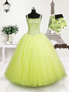 Affordable Tulle Straps Sleeveless Lace Up Beading and Sequins Kids Formal Wear in Yellow Green