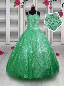 Beautiful Sequins Floor Length Green Little Girls Pageant Dress Wholesale Straps Sleeveless Lace Up