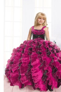 Fancy Black and Hot Pink Organza Lace Up Kids Pageant Dress Sleeveless Floor Length Beading and Ruffles