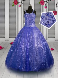 Latest Sequins Blue Sleeveless Sequined Lace Up Little Girl Pageant Dress for Party and Wedding Party