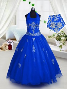 Halter Top Floor Length A-line Sleeveless Blue Kids Pageant Dress Lace Up