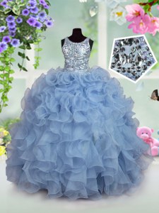 On Sale Light Blue Ball Gowns Scoop Sleeveless Organza Floor Length Zipper Ruffles and Sequins Pageant Dress Toddler