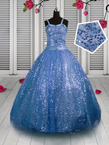 Baby Blue Ball Gowns Straps Sleeveless Sequined Floor Length Lace Up Sequins Pageant Gowns For Girls