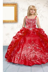 Spaghetti Straps Sleeveless Little Girls Pageant Gowns Floor Length Beading and Appliques and Pick Ups Red Satin