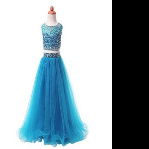 Lovely Scoop Sleeveless Floor Length Beading Zipper Winning Pageant Gowns with Aqua Blue