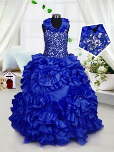 Ball Gowns Pageant Gowns For Girls Royal Blue Halter Top Taffeta Sleeveless Floor Length Zipper