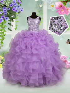 Scoop Sleeveless Floor Length Ruffles and Sequins Zipper Kids Pageant Dress with Lavender