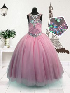 Scoop Floor Length Zipper Child Pageant Dress Pink for Party and Wedding Party with Beading