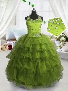 Ruffled Floor Length Olive Green Glitz Pageant Dress Scoop Sleeveless Lace Up